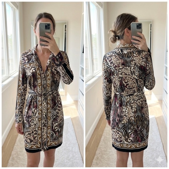 Cache Dresses & Skirts - CACHE Vintage Y2K Shirt Dress Womens 4 Animal Print Zebra Snakeskin Belted Mini